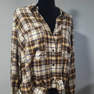 Rachel Roy Long Sleeve Navy Blue Dark Yellow Plaid BF Style Button Up Shirt